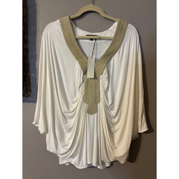 SKY Brand Top M White Tan Suede Trim Stretch Flowy Dolman Grecian Kimomo NEW - Picture 10 of 12
